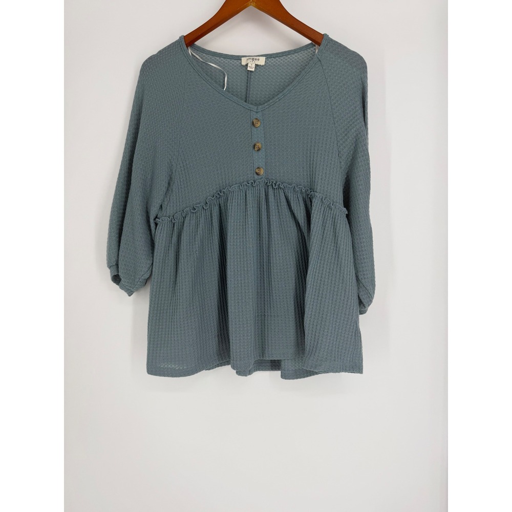 Umgee Womens Waffle Knit Henley Top Small Boho Peplum Babydoll Casual Festival
